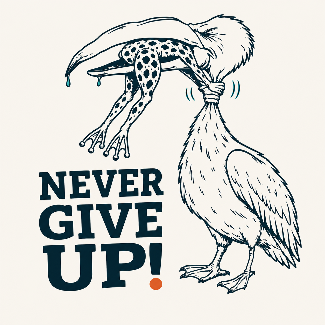 A bird holding an exhausted frog above the words Never Give Up